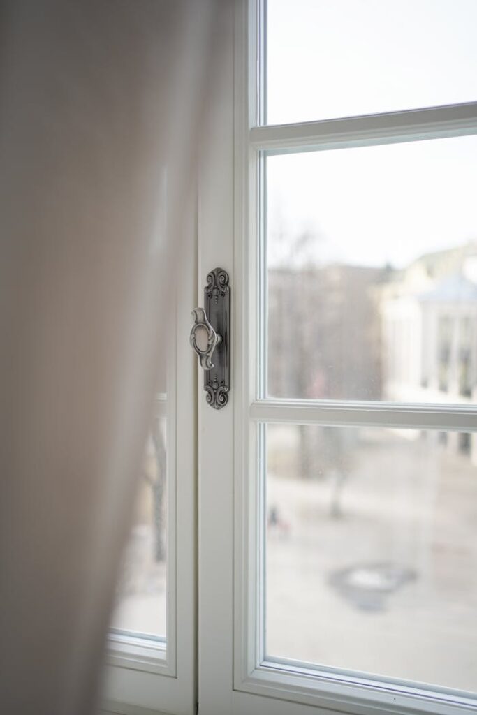 Soft light through an ornate window overlooking Riga's old town. Elegant and tranquil.